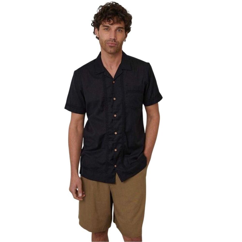 Threadbare Mens Crochet Trim Short-Sleeved Shirt / Black